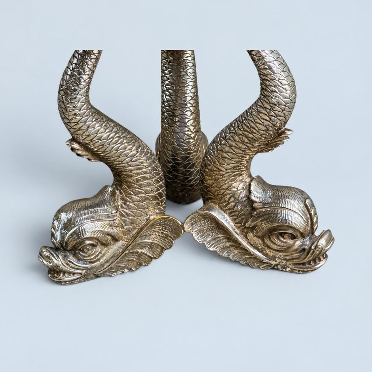 Vintage Dolphin Centerpiece Bowl, Silver-Tone Metal Fruit Stand on Three Sculptural Dolphins, Lobed Bowl, 24 cm