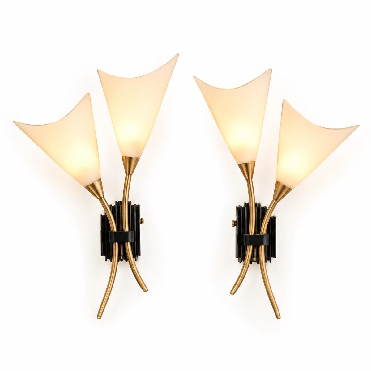 Vintage Pair of 1960s French Calla Lily Wall Sconces with Brass-Tone Stems and White Acrylic Shades