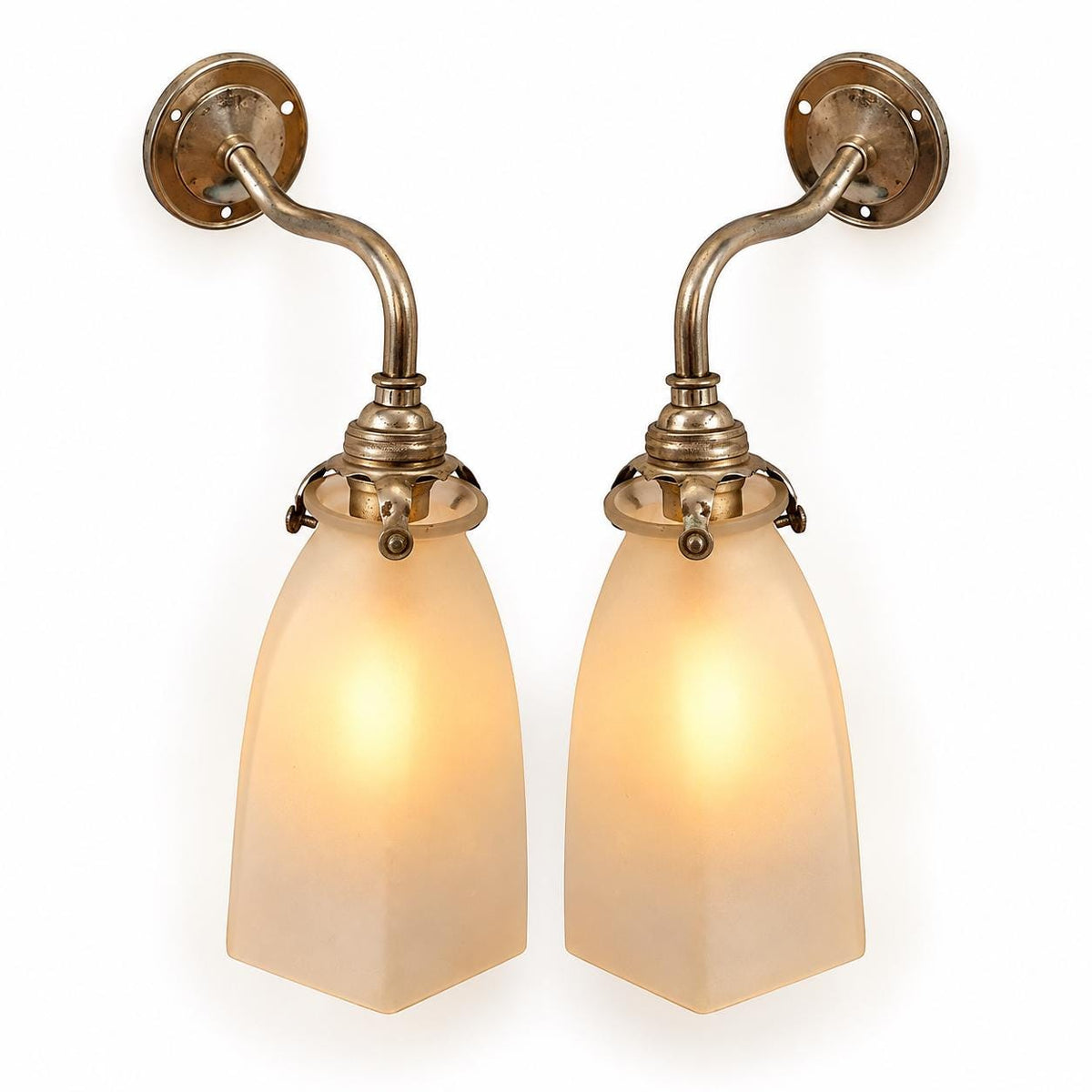 Vintage Pair of Chrome-Tone Swan-Neck Wall Sconces with Frosted Hexagonal Glass Shades
