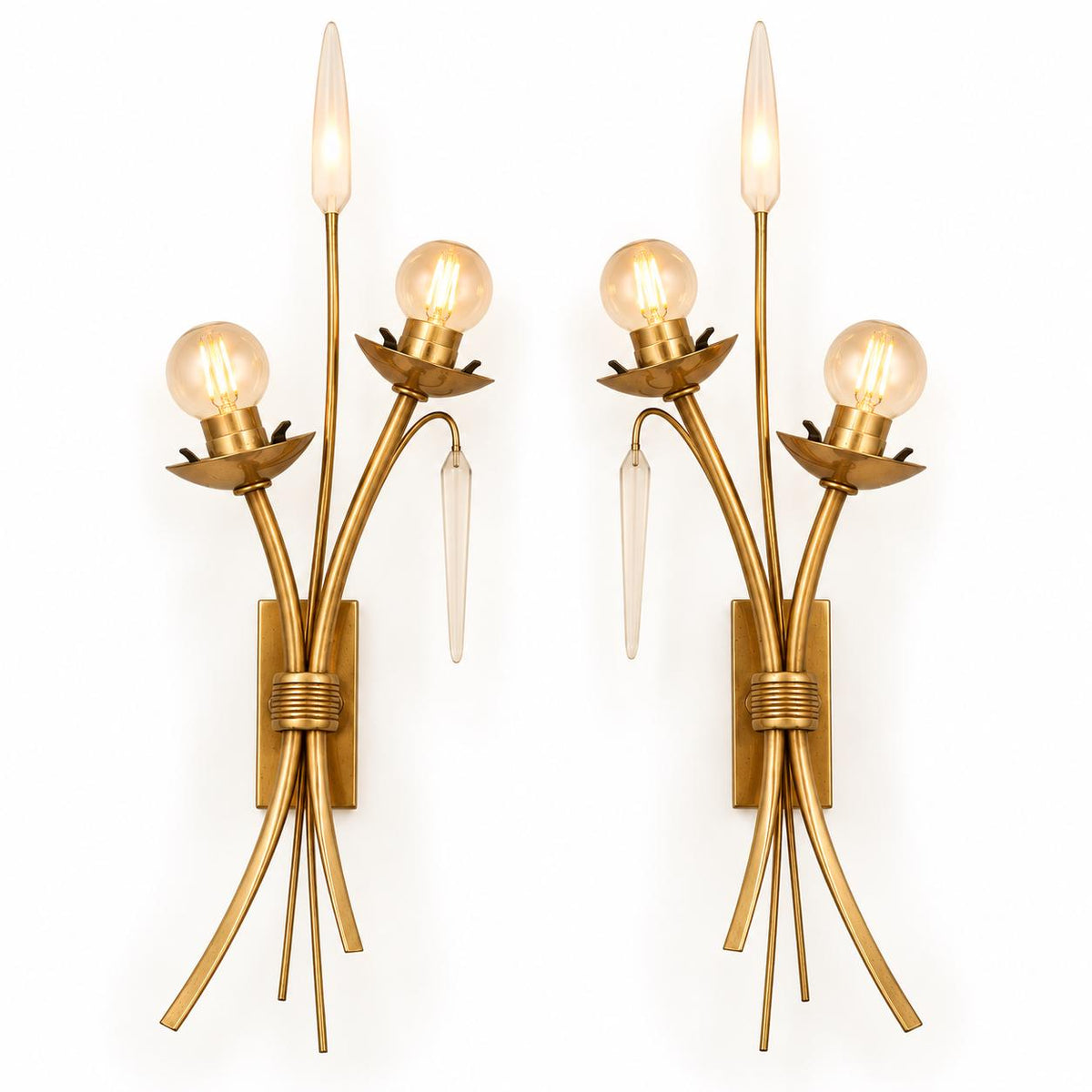Pair of Vintage Gold-Tone Reed Wall Sconces, Two Arms Each, Clear Plastic Accents, Bare Bayonet Sockets, 50 cm