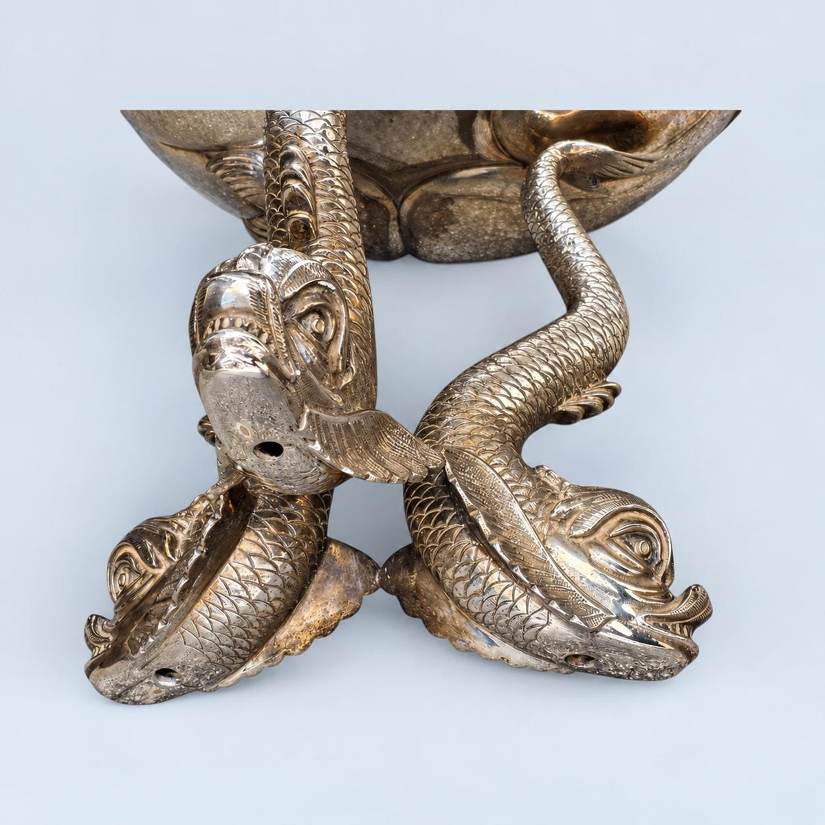 Vintage Dolphin Centerpiece Bowl, Silver-Tone Metal Fruit Stand on Three Sculptural Dolphins, Lobed Bowl, 24 cm