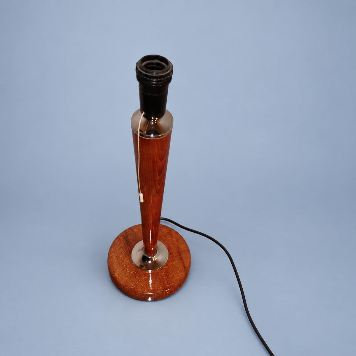 Vintage Large Table Lamp, Attributed 1960s–70s, Tapered Stained Beech Column with Chrome Details, Cream Drum Shade, 68 cm