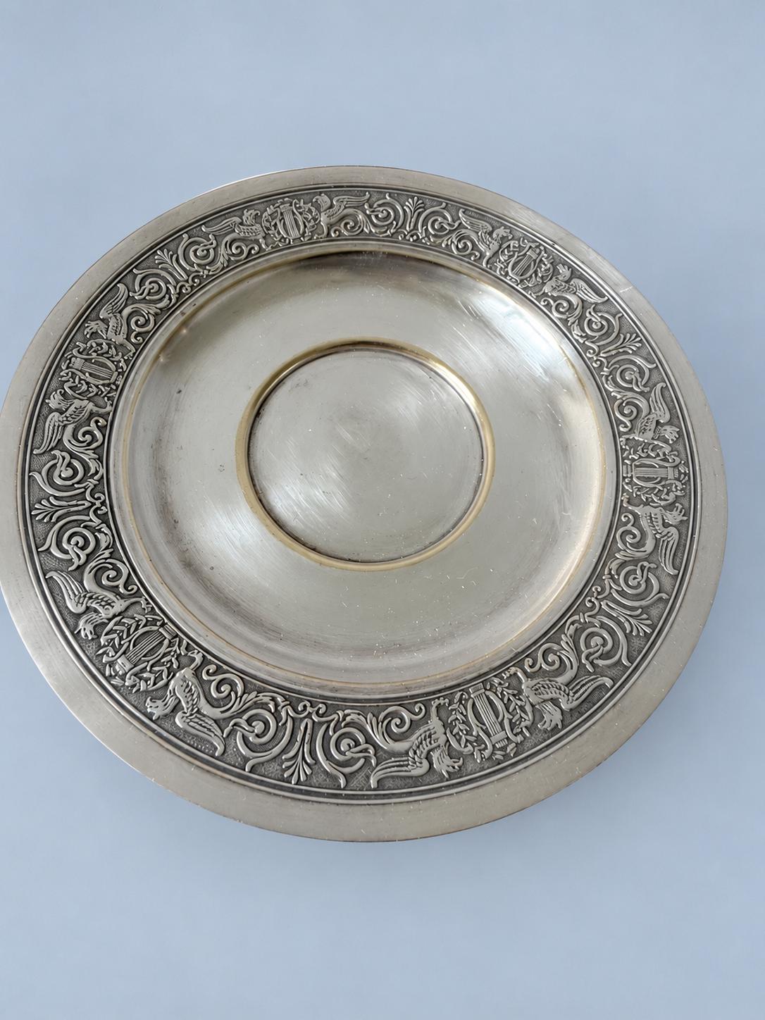 Vintage Empire Style Footed Dish with Griffin and Lyre Frieze, Silver-Tone Metal Pedestal Coupe, 15.5 cm