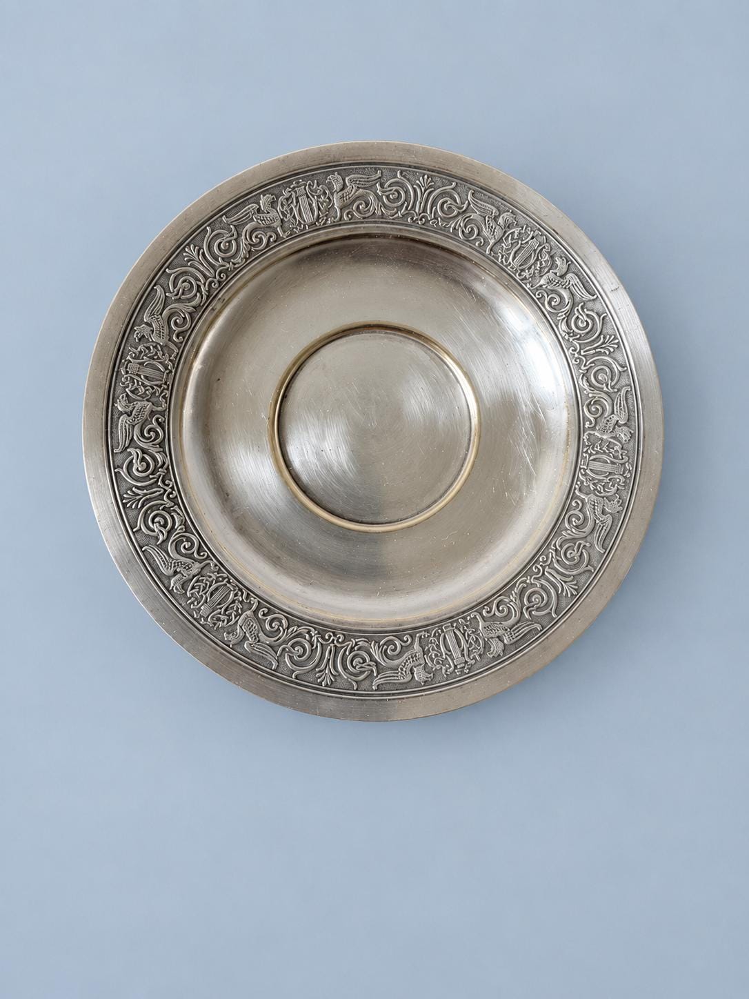 Vintage Empire Style Footed Dish with Griffin and Lyre Frieze, Silver-Tone Metal Pedestal Coupe, 15.5 cm