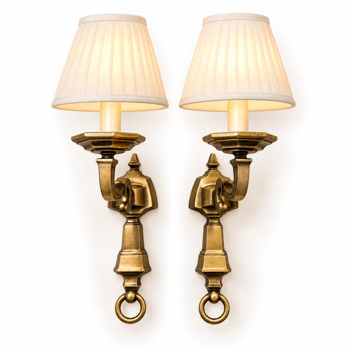 Pair of Antique Style Single-Arm Wall Sconces, Faceted Backplates, Octagonal Drip Pans and Hanging Ring Finials