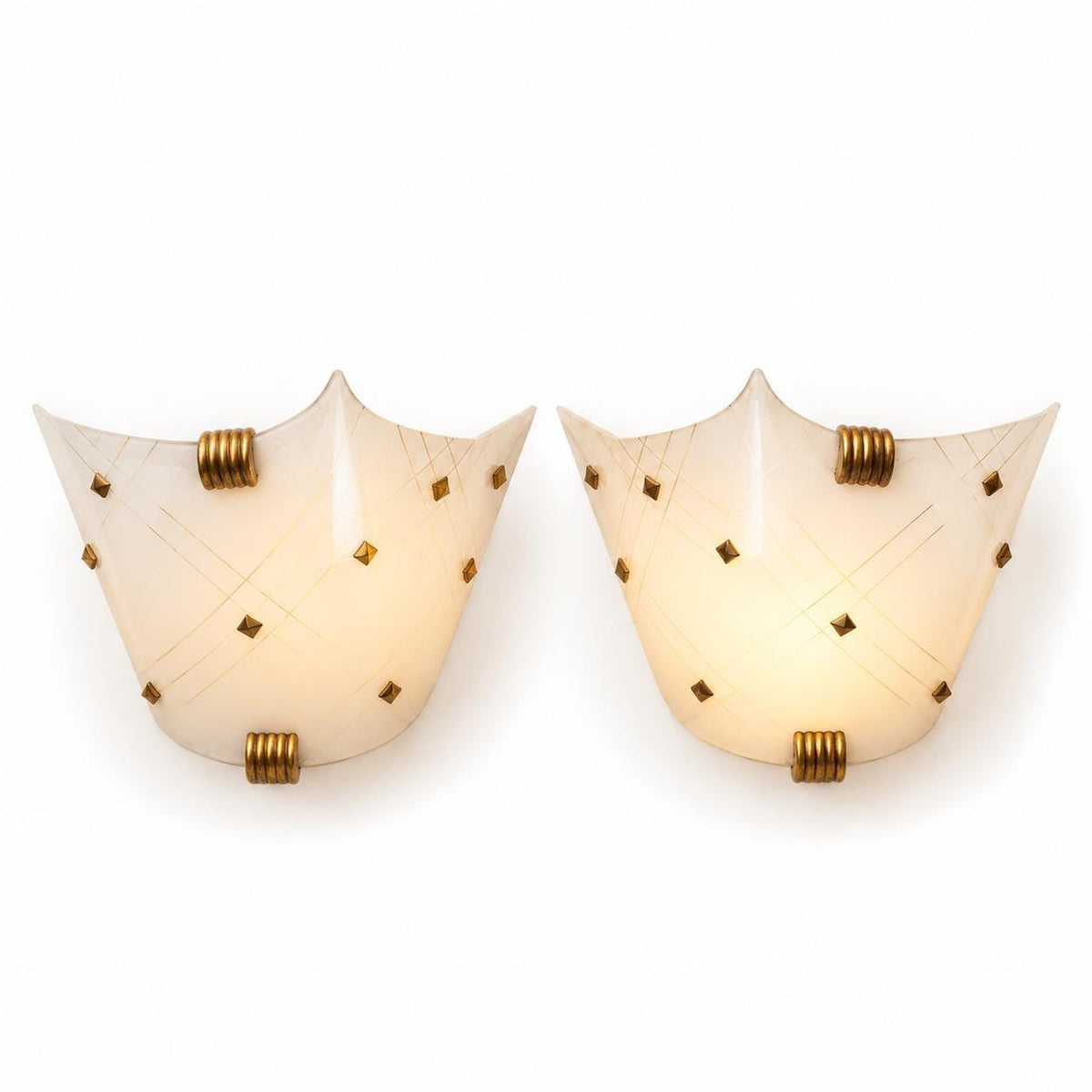 Vintage Pair of 1950s–60s French Wall Sconces with Folded White Acrylic Shades and Copper-Tone Clips
