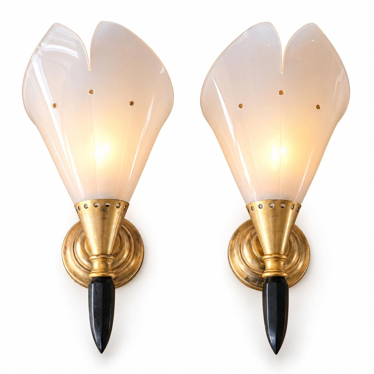 Pair of Vintage Rockabilly Wall Sconces, Black and White Plastic Petal Shades, Brass-Tone Bases and Pointed Finials
