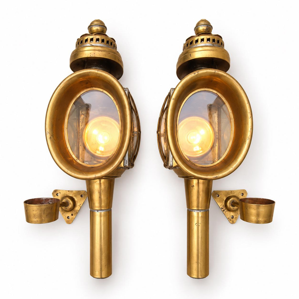 Vintage Pair of Brass-Tone Carriage Lanterns with Oval Glass Fronts and Wall Brackets