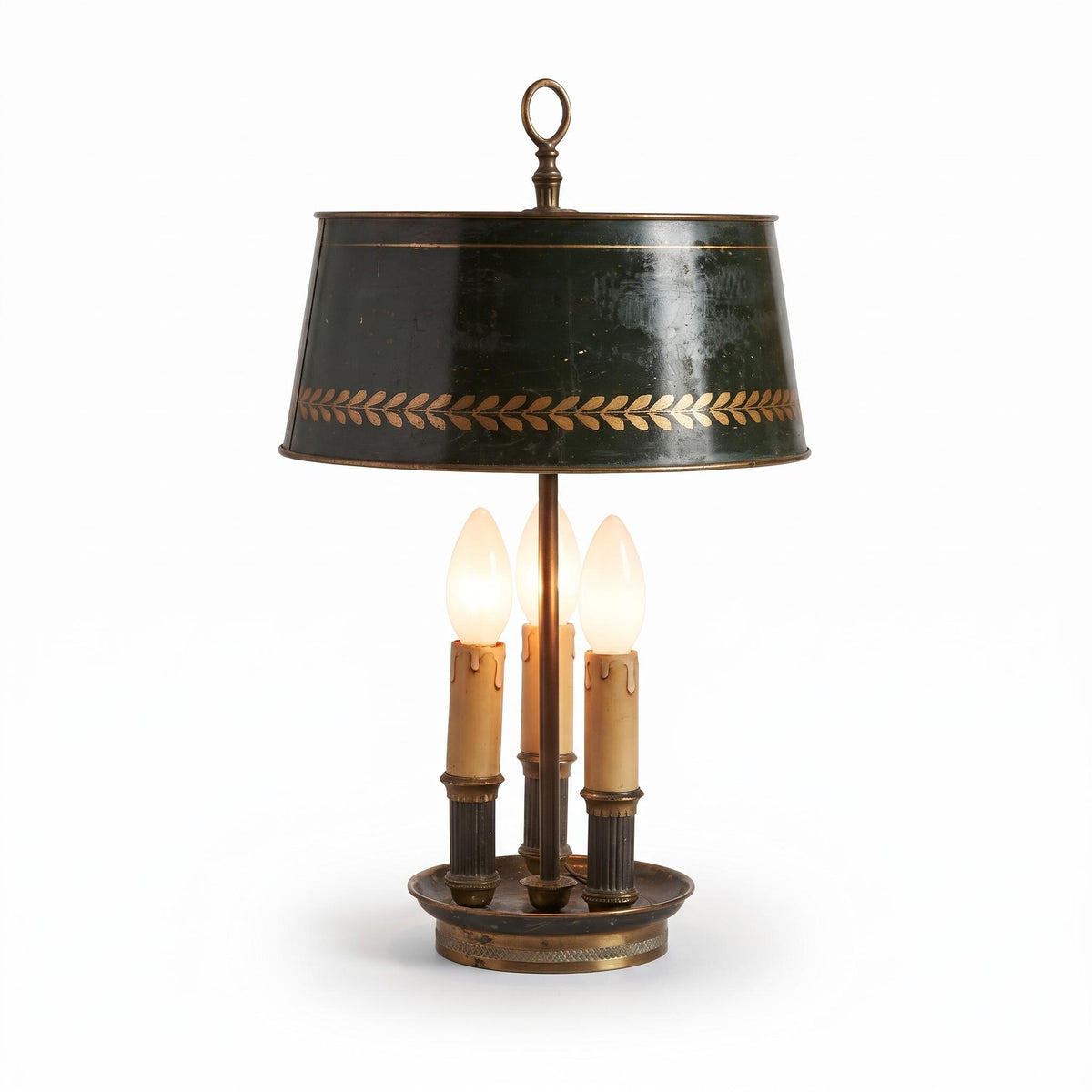 Vintage Empire Style Three-Light Bouillotte Lamp with Adjustable Green Tôle Shade
