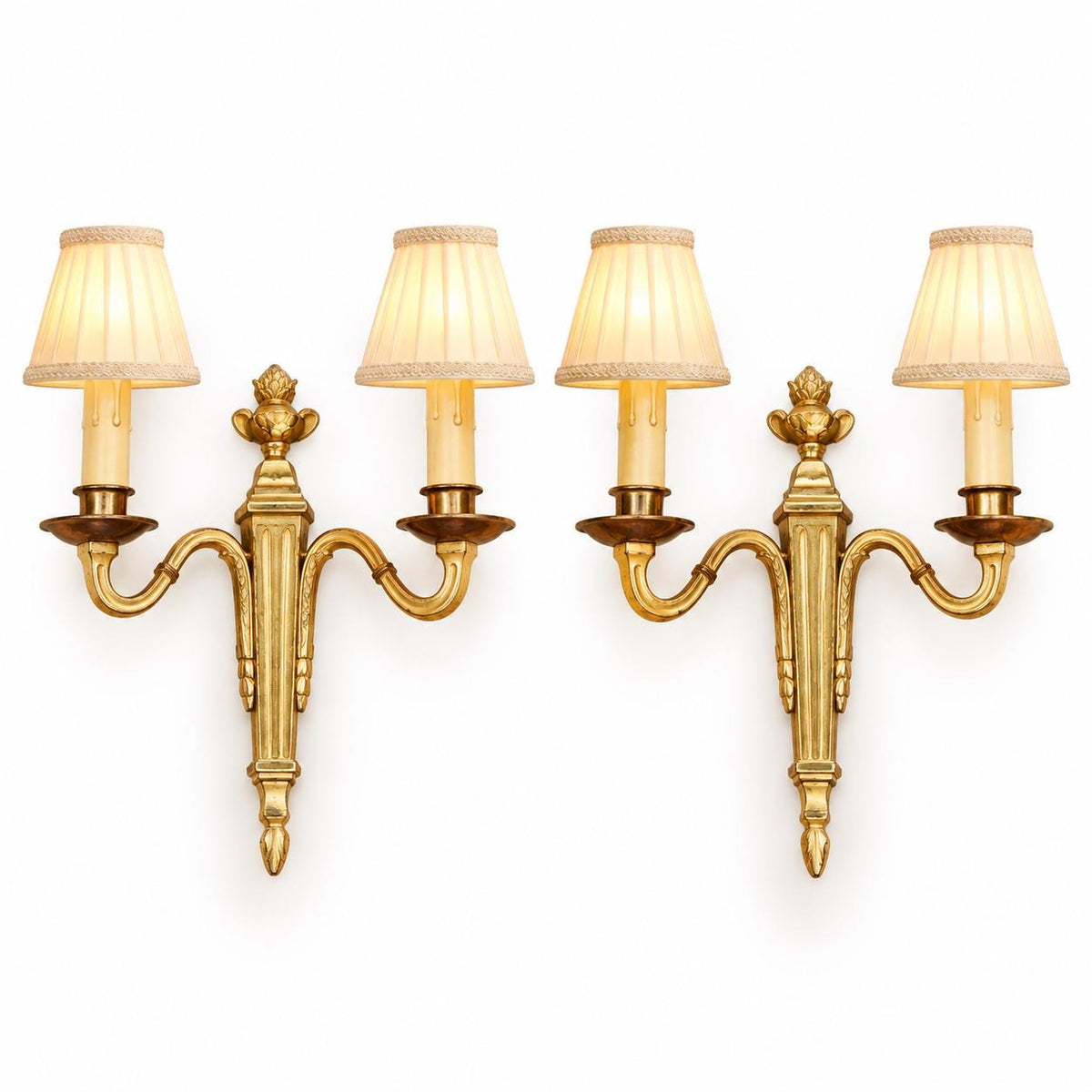 Vintage Pair of Louis XVI Style Gilt Metal Two-Arm Wall Sconces with Fluted Shaft