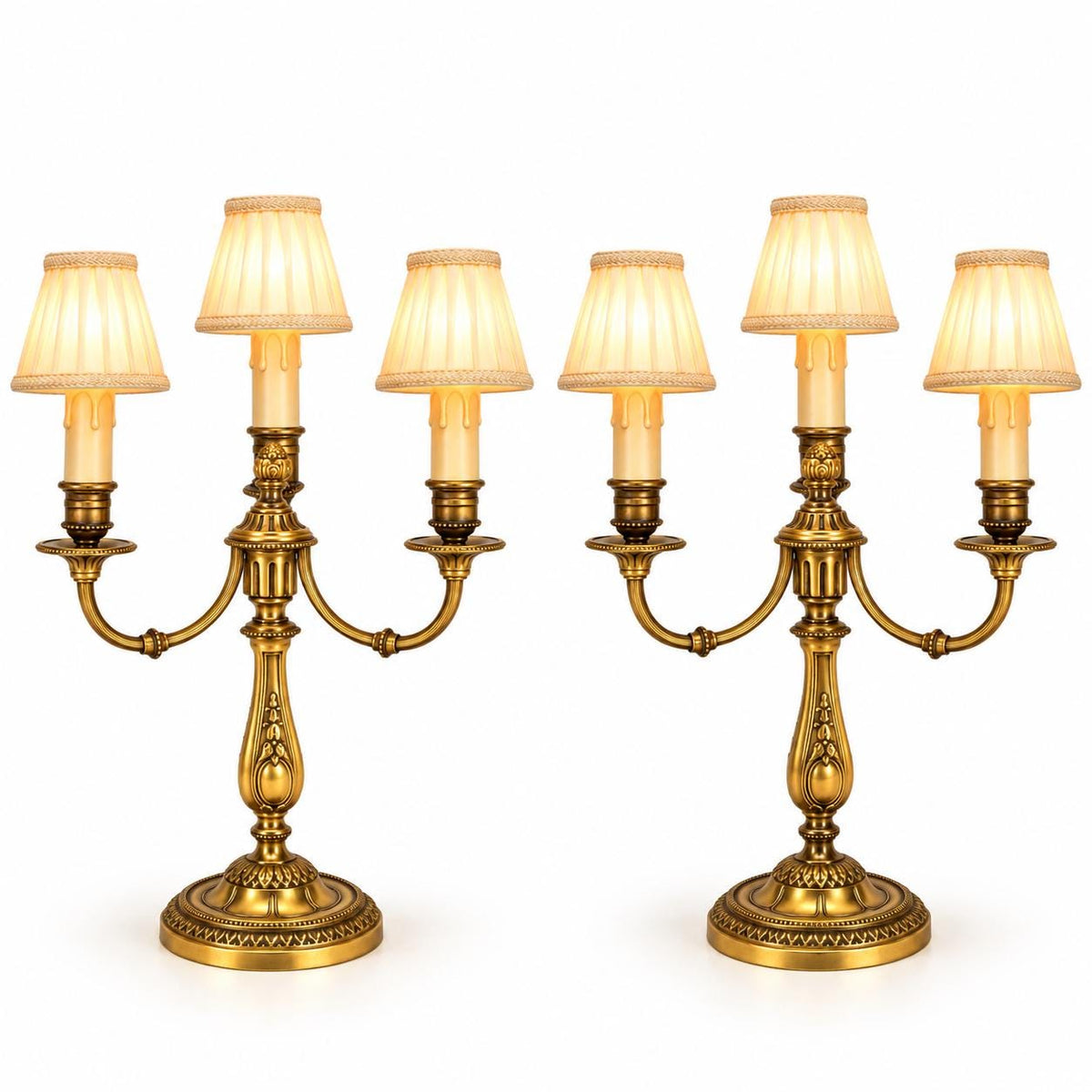 Antique Pair of Napoleon III Louis XVI Style Gilt Metal Three-Light Candelabra Table Lamps