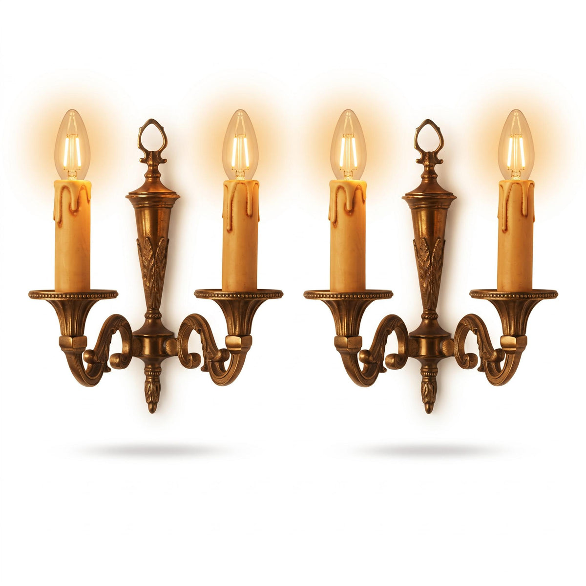 Vintage Pair of Louis XVI Style Brass-Tone Two-Arm Wall Sconces with Leaf-Cast Urn and Heart Loop