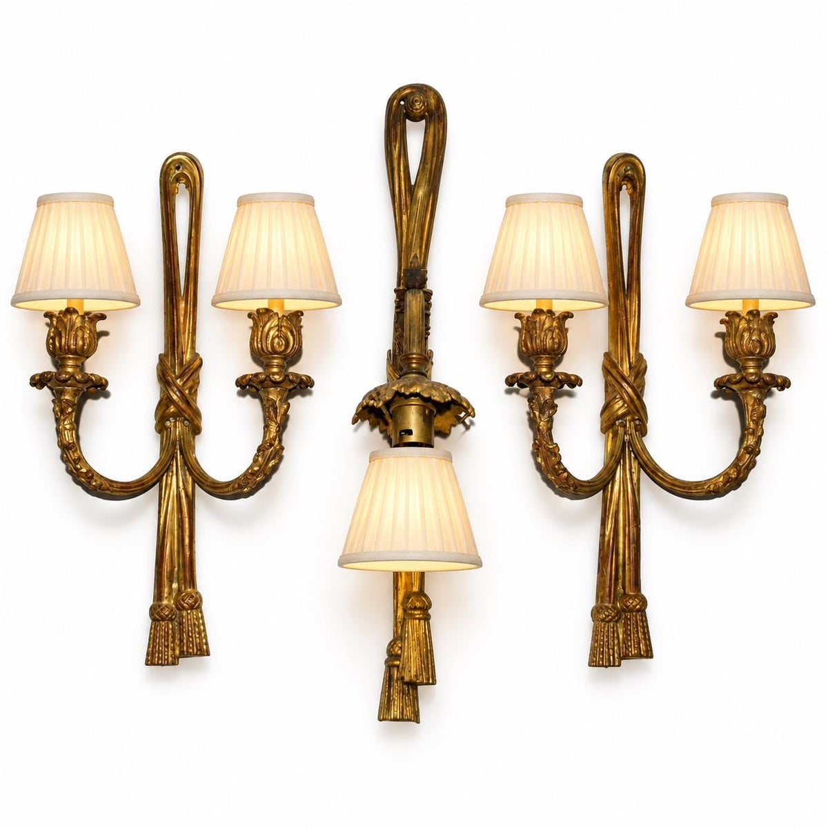 Vintage Set of Three Louis XVI Style Gilt Metal Wall Sconces with Curtain Tie-Back and Tassel Design