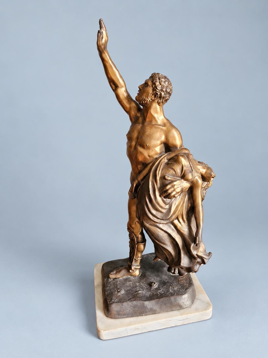 Mythological Warrior Statue Carrying a Woman, Gold-Tone Spelter on Marble Base, Vintage