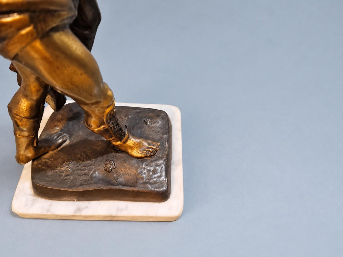 Mythological Warrior Statue Carrying a Woman, Gold-Tone Spelter on Marble Base, Vintage