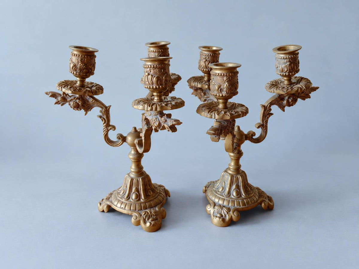 Pair of Vintage Bronze Three-Arm Candelabra, Rococo Style Ornate Candle Holders on Scrolled Feet, Mantel or Dining Table Centrepiece