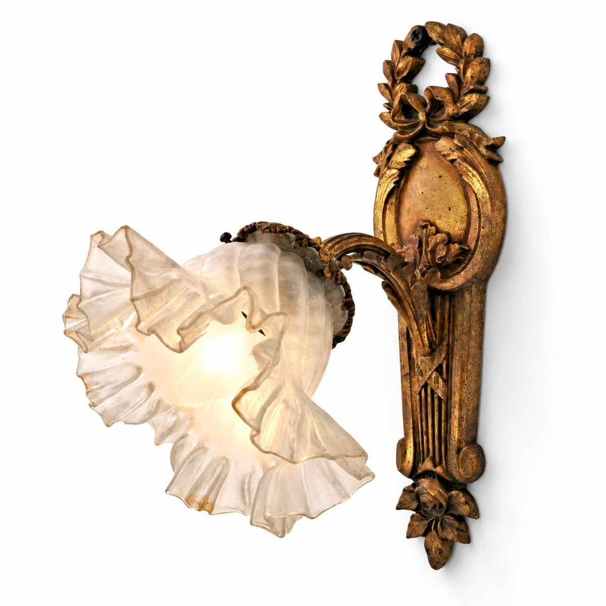 Antique Single Louis XVI Style Bronze-Tone Wall Sconce with Laurel Wreath and Frosted Glass Tulip Shade