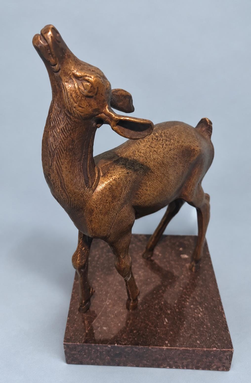 Vintage Bronze Fawn Sculpture on Dark Marble Base, Roe Deer Statue Looking Up, Woodland Animal Figure for Desk, Shelf or Mantel