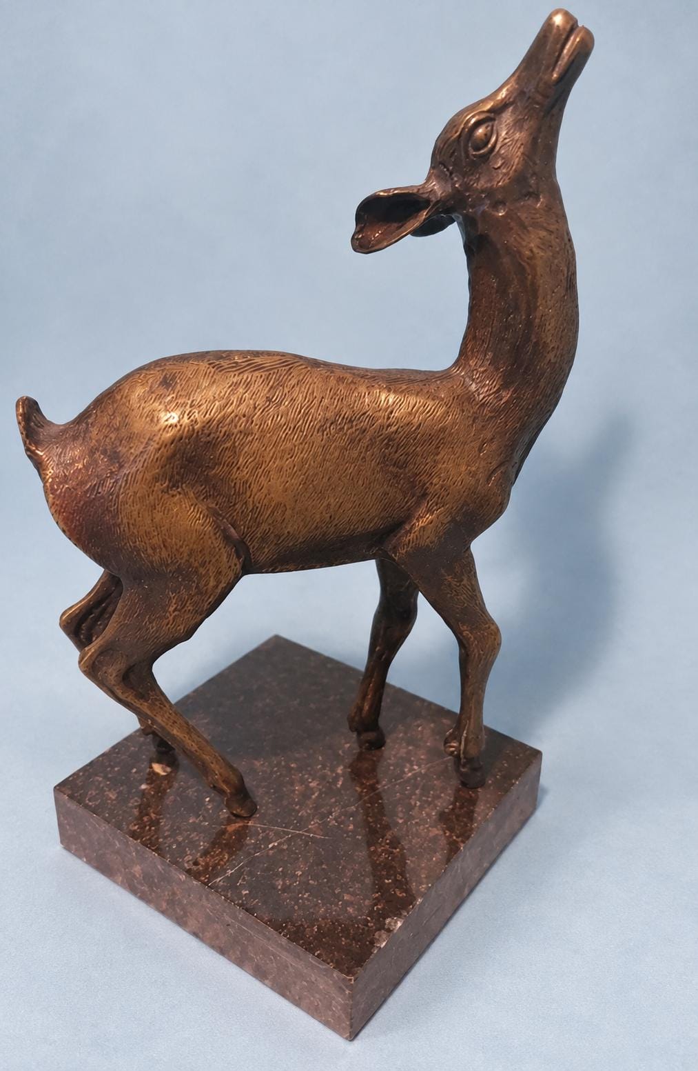 Vintage Bronze Fawn Sculpture on Dark Marble Base, Roe Deer Statue Looking Up, Woodland Animal Figure for Desk, Shelf or Mantel