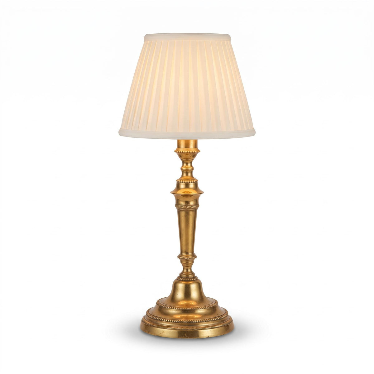Antique Louis XVI Style Brass-Tone Candlestick Table Lamp with Beaded Friezes and Fluted Stem