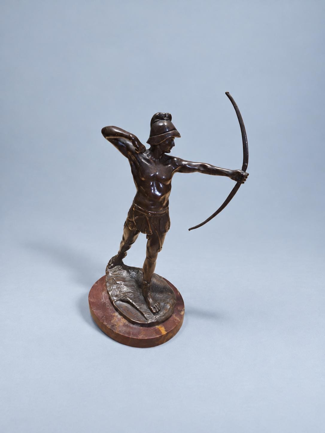 Vintage Bronze Archer Statue with Brown Patina on Oval Marble Base, Classical Greek Warrior Drawing Bow, Small Desk Sculpture