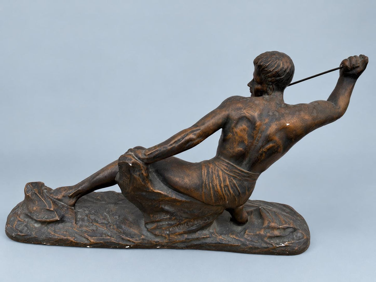 Art Deco Style Plaster Warrior Statue with Spear, Kneeling Figure, Dark Patina, Vintage
