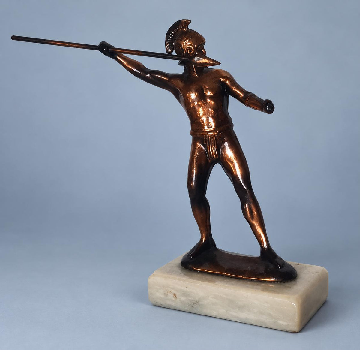 Vintage Copper-Tone Cast Metal Achilles Warrior Statue on Marble Base, Greek Hoplite with Spear and Crested Helmet Sculpture