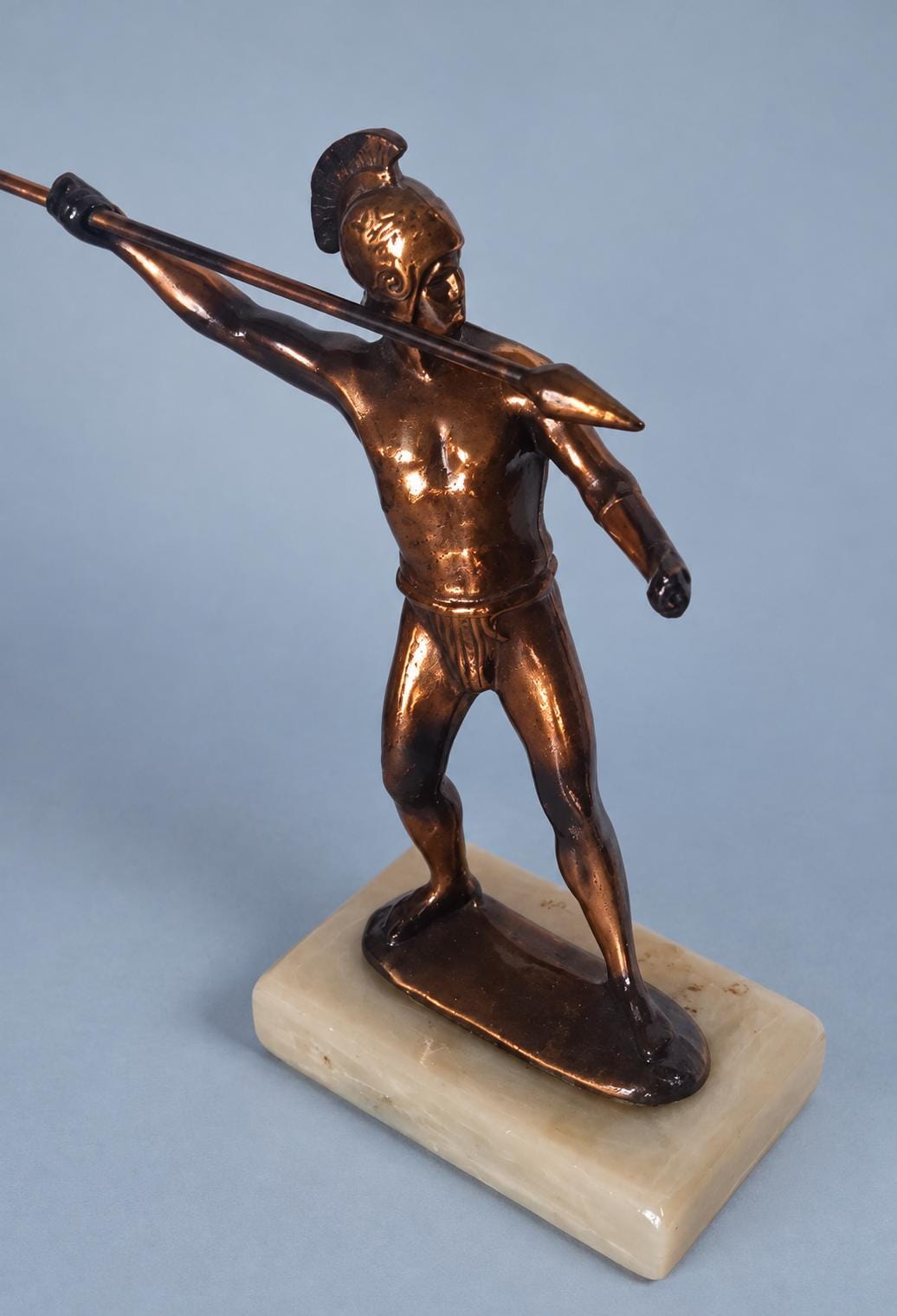 Vintage Copper-Tone Cast Metal Achilles Warrior Statue on Marble Base, Greek Hoplite with Spear and Crested Helmet Sculpture
