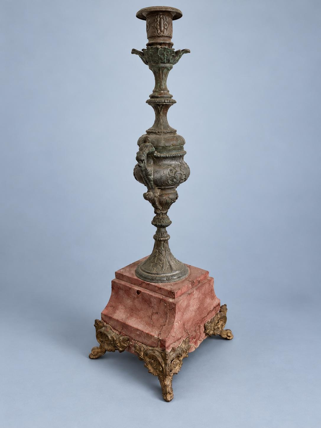 Vintage Napoleon III Style Patinated Metal Candlestick on Red Marble Base with Gilt Feet, Twin-Handled Urn Stem, Mantel Garniture