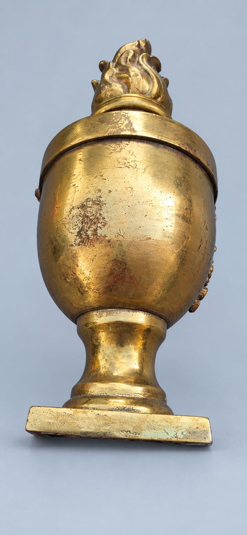 Antique French Louis XVI Style Brass Cassolette Urn with Flame Finial and Rose Garland, Neoclassical Mantel Ornament, Circa 1880–1920