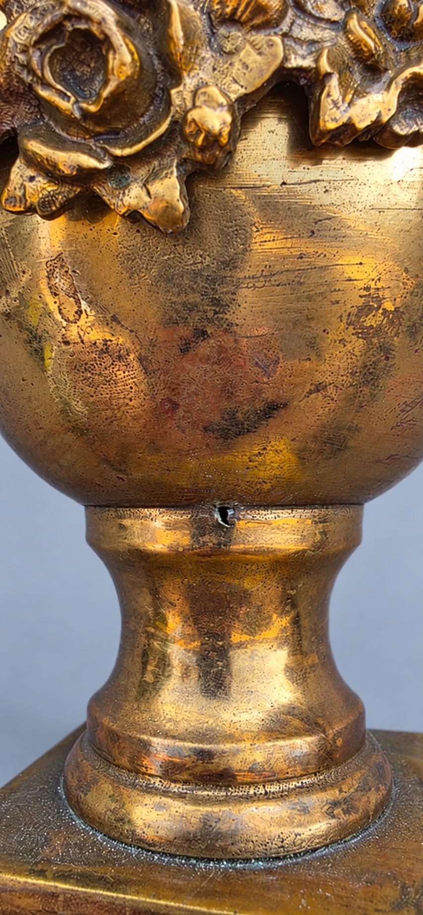 Antique French Louis XVI Style Brass Cassolette Urn with Flame Finial and Rose Garland, Neoclassical Mantel Ornament, Circa 1880–1920