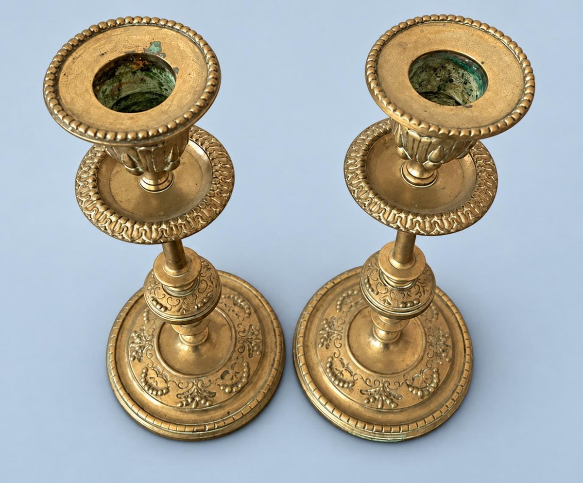 Pair of Vintage Napoleon III Style Bronze Candlesticks with Removable Bobeches, Embossed Garland Bases, Classic Mantel Taper Holders