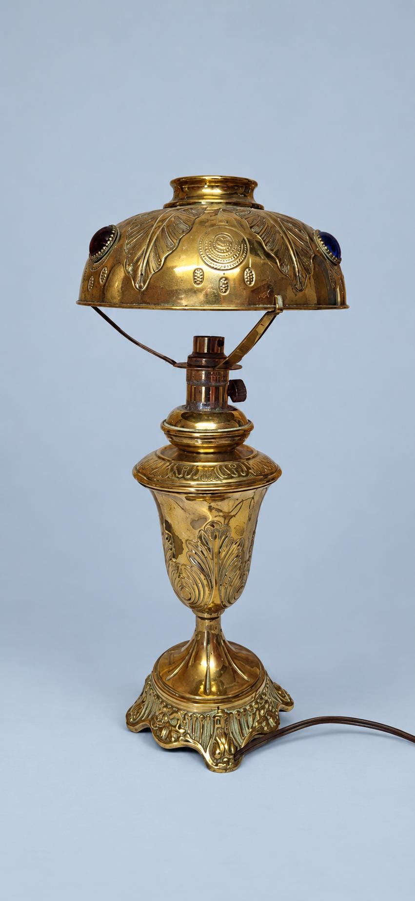 Vintage Art Nouveau Style Brass Table Lamp with Embossed Brass Shade and Coloured Glass Cabochons, Oil Lamp Form Desk or Bedside