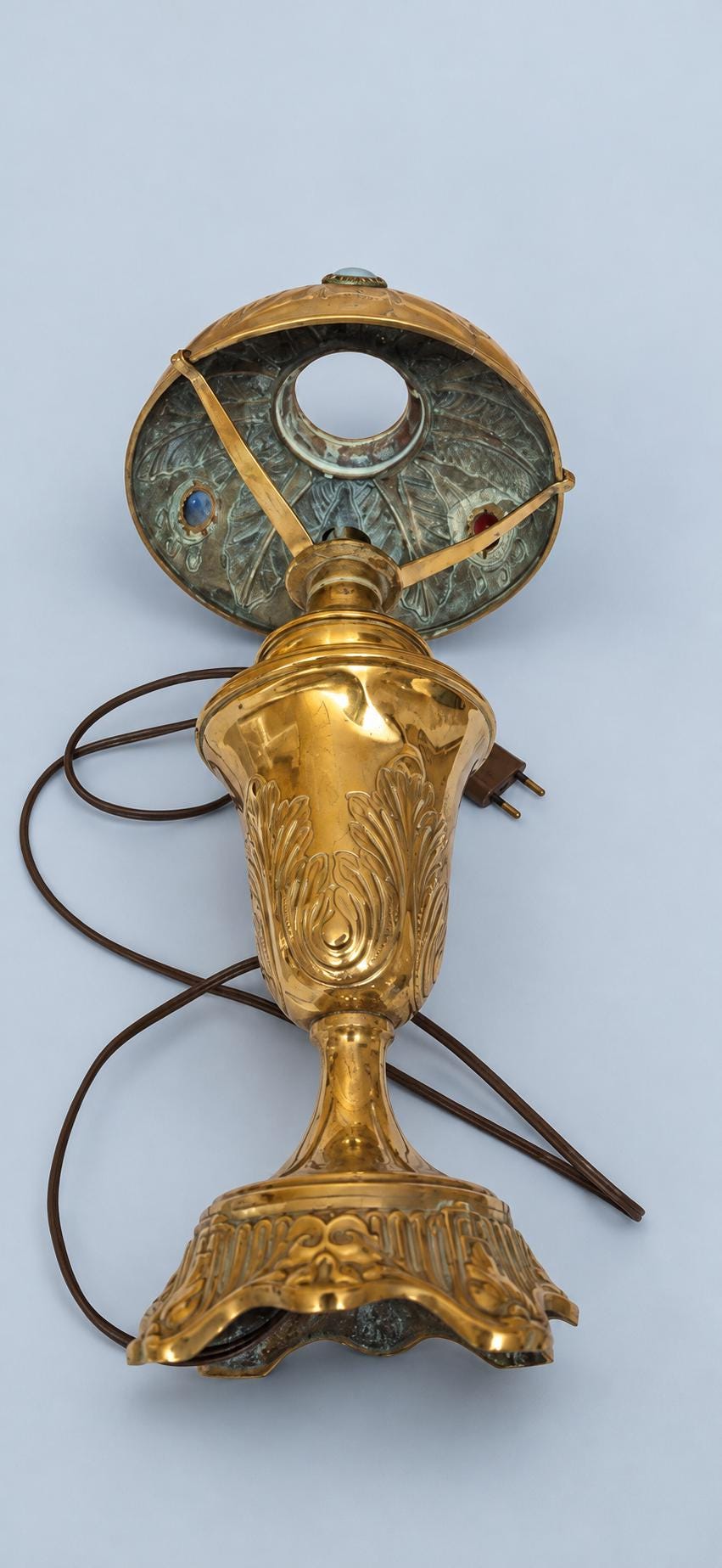 Vintage Art Nouveau Style Brass Table Lamp with Embossed Brass Shade and Coloured Glass Cabochons, Oil Lamp Form Desk or Bedside