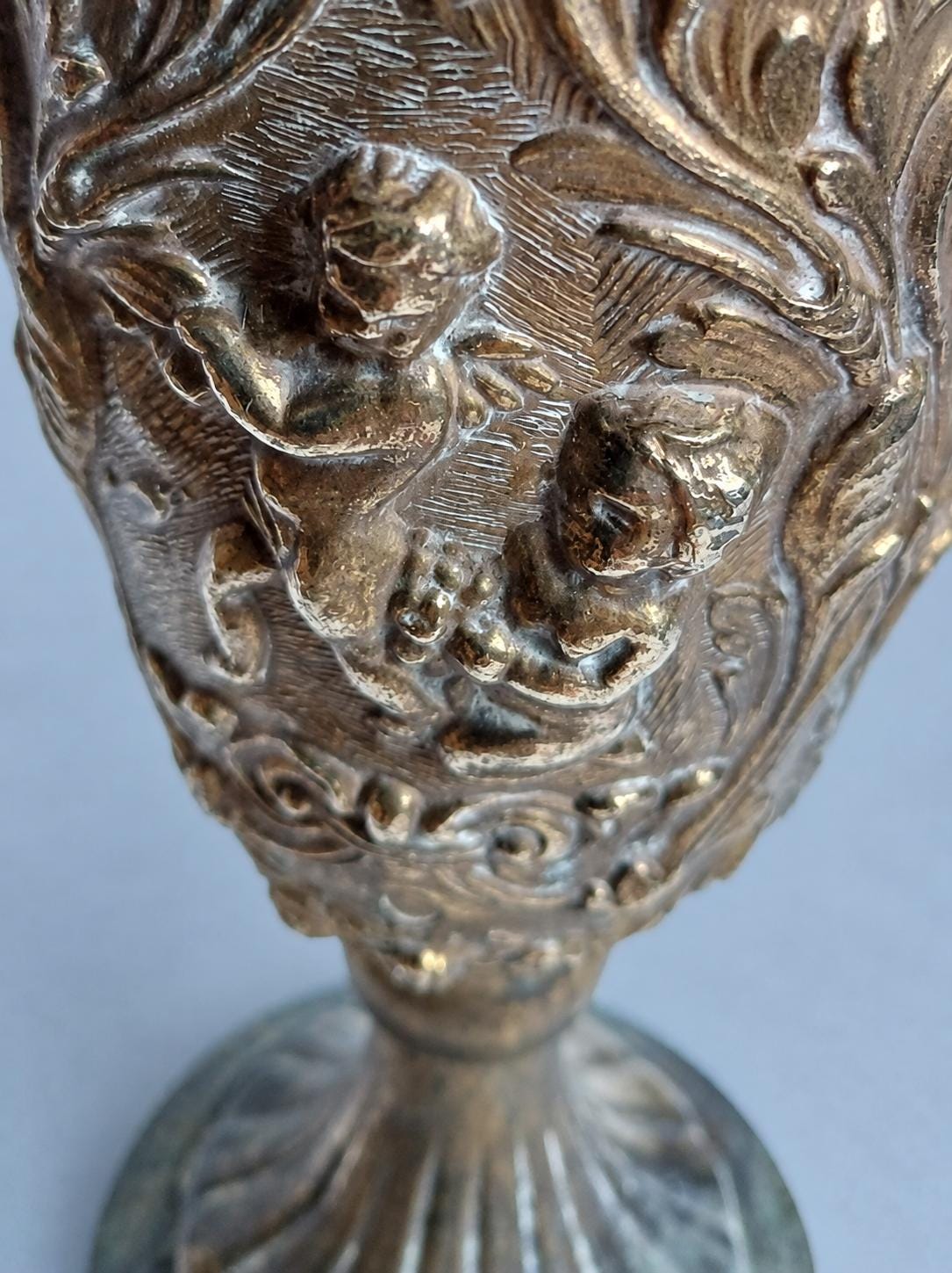 Vintage Repoussé Metal Chalice Vase with Rams’ Heads and Cherubs, Baroque Revival Embossed Goblet, Curiosity Cabinet Decor