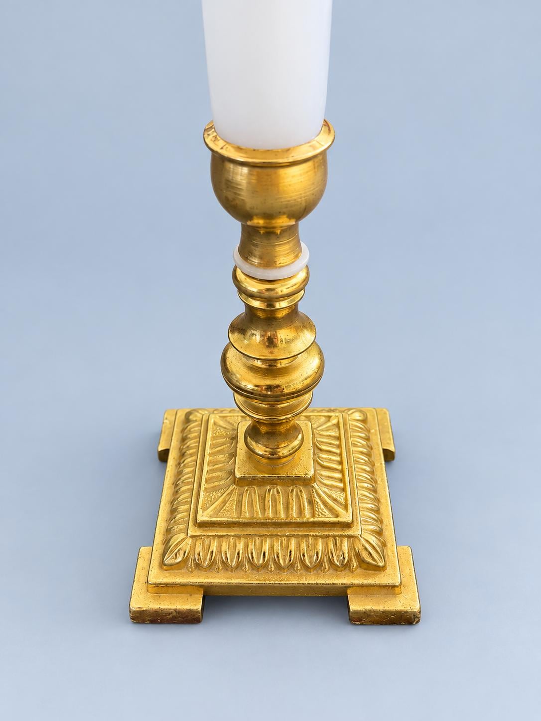 Vintage 24K Gold-Plated Candlestick with Square Acanthus Base, Classic Baluster Taper Holder, Elegant Mantel or Table Decor