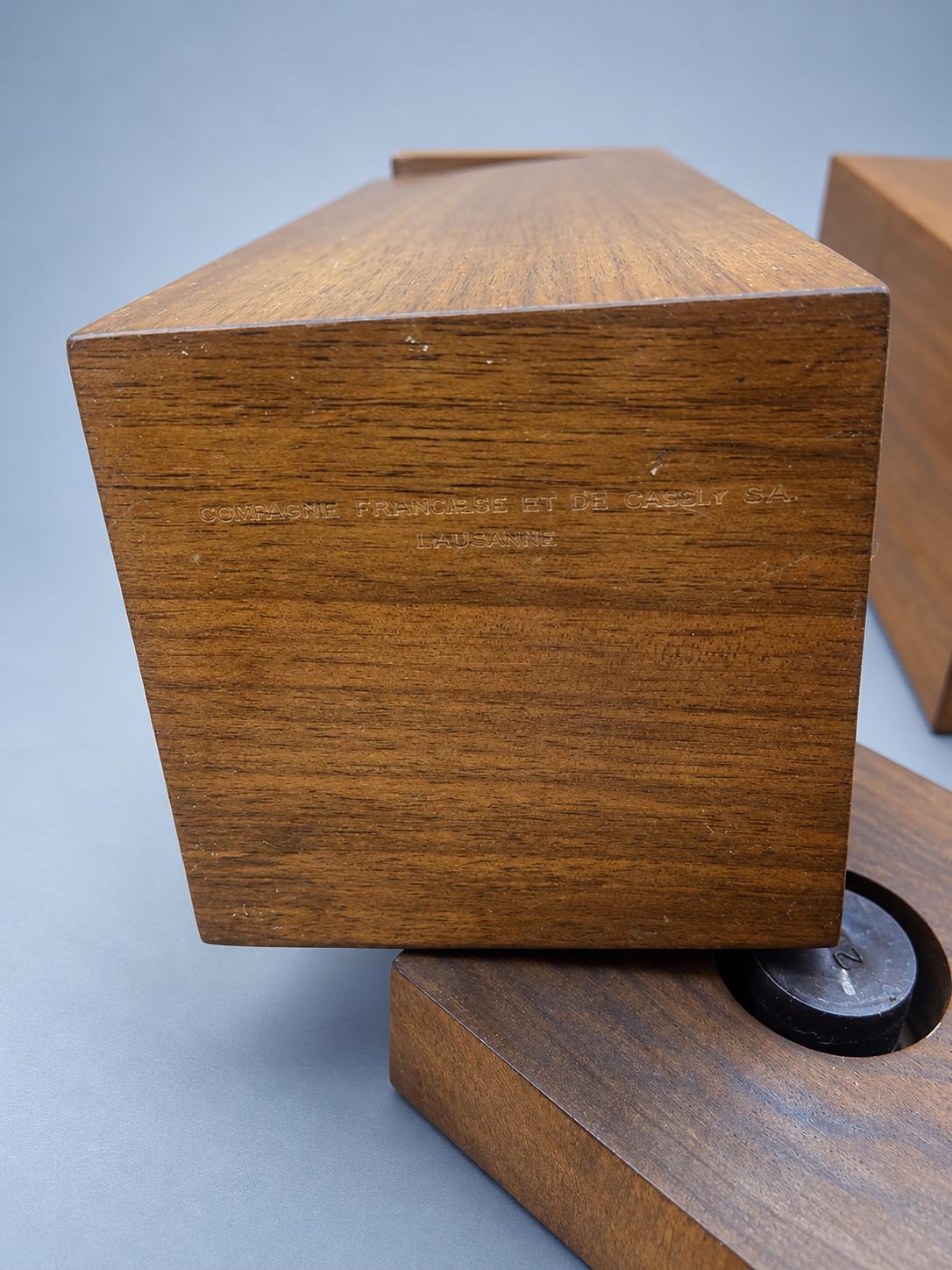 Vintage Pair of Wooden-Bodied Decanters with Glass Pouring Necks and Square Stoppers, Minimalist Barware, Lausanne Inscription, 27 cm