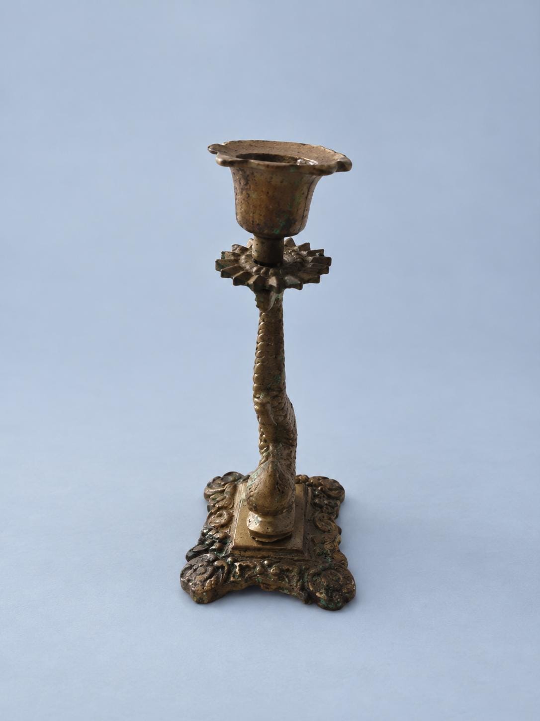 Vintage Metal Dolphin Candlestick, Empire Style Figural Fish Taper Holder with Tulip Cup, Nautical Mantel or Coastal Decor