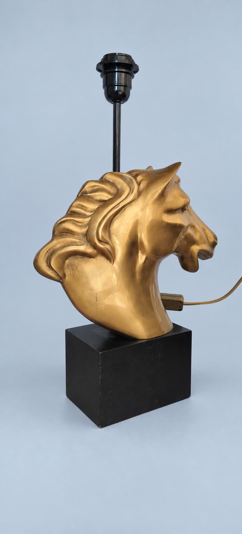 Vintage 1980s Brass Horse Head Table Lamp on Black Base, Hollywood Regency Sculptural Stallion Lamp, Equestrian Statement Light