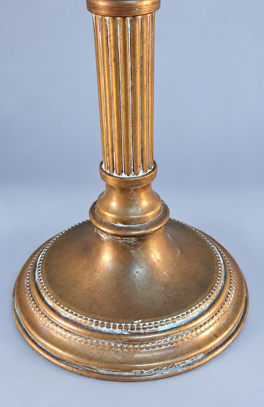Brass Neoclassical Candlestick with Fluted Column and Beaded Base, Louis XVI Style, Vintage