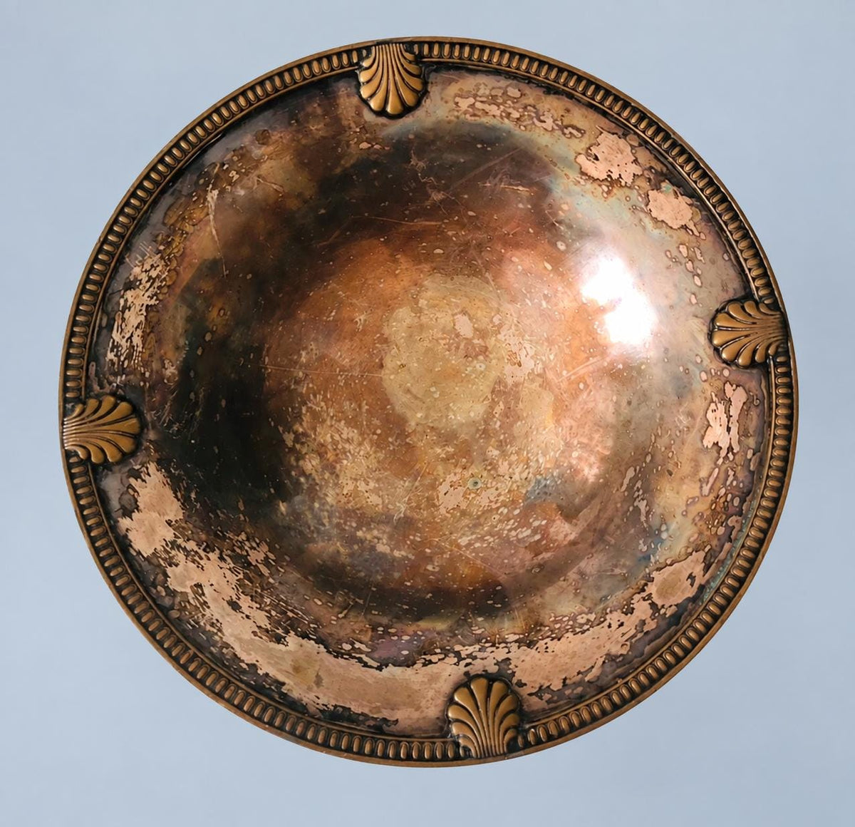 Vintage Neoclassical Style Footed Tazza, Patinated Metal Pedestal Dish with Shell Motifs and Beaded Borders, 21 cm
