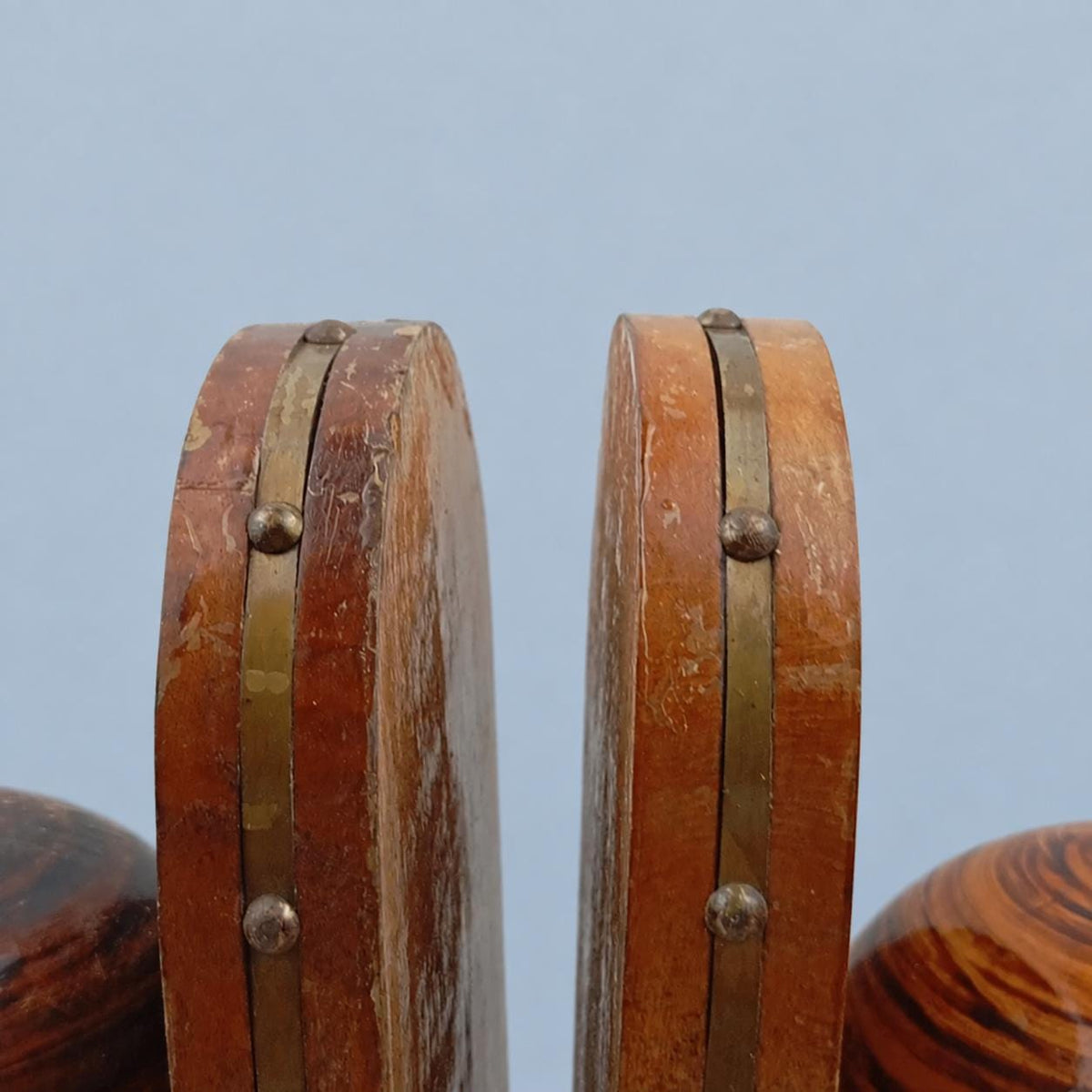 Vintage Pair of Turned Wood Bookends, Dome Form with Brass-Tone Studded Bands, Rustic Library Decor