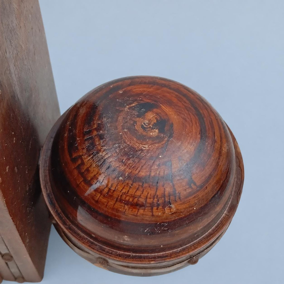 Vintage Pair of Turned Wood Bookends, Dome Form with Brass-Tone Studded Bands, Rustic Library Decor