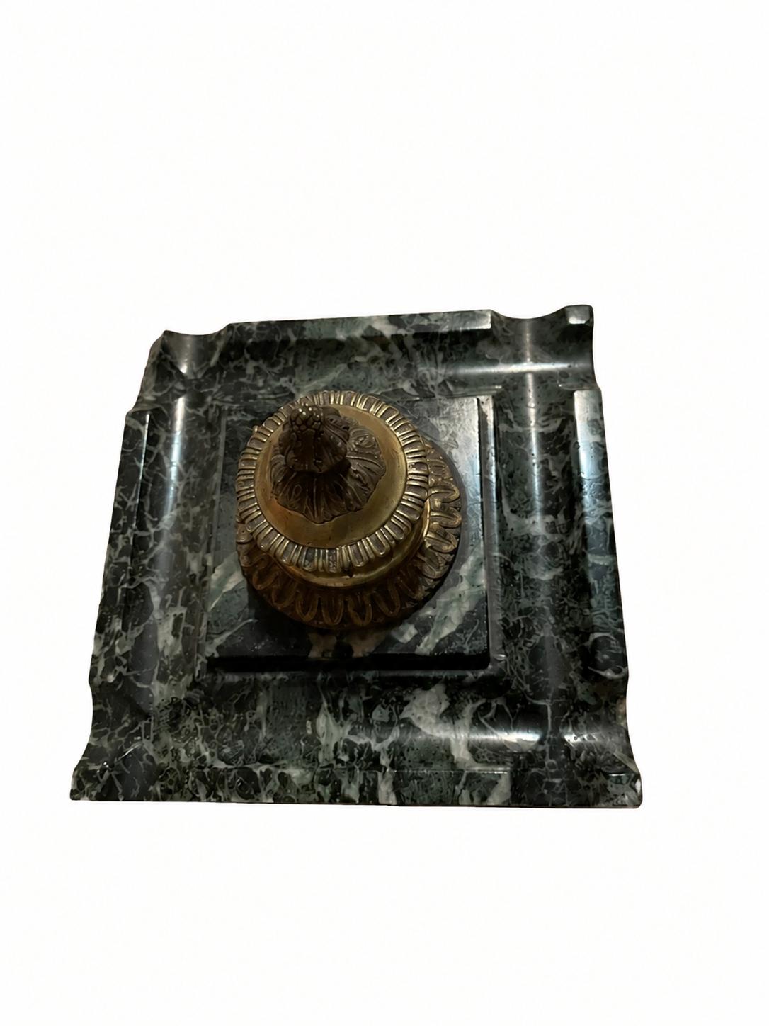 Antique Marble Inkwell with Hinged Bronze-Tone Pot, French Empire Desk Accessory