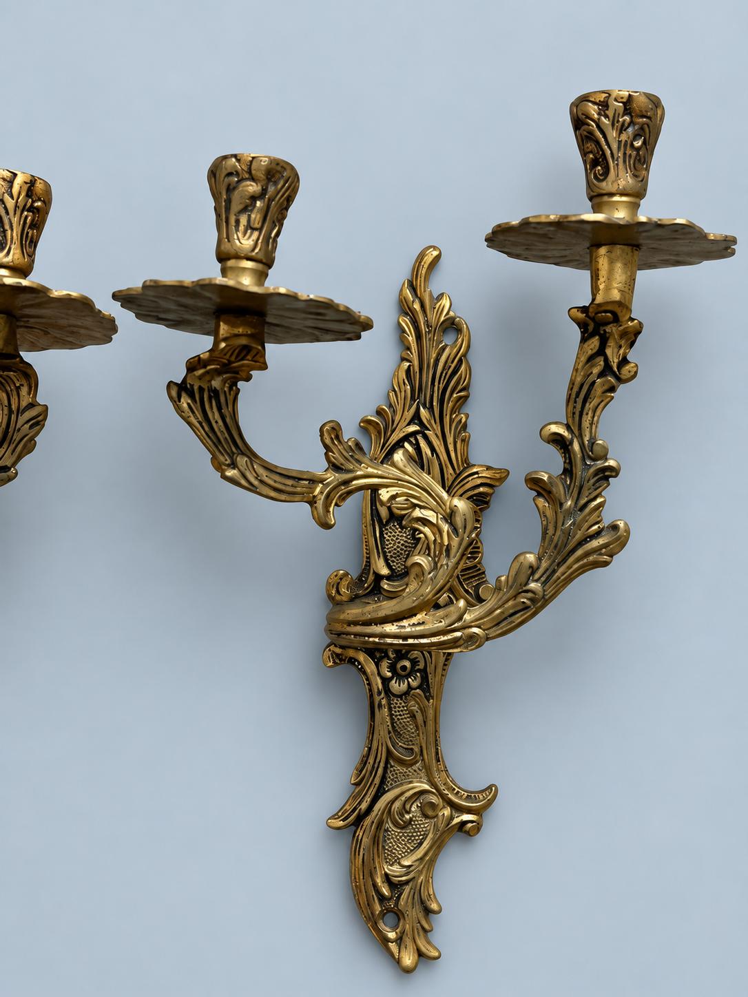 Pair of Vintage Louis XV Style Gold-Tone Metal Two-Arm Candle Wall Sconces, Rococo Scroll and Rosette Design, Old World Decor