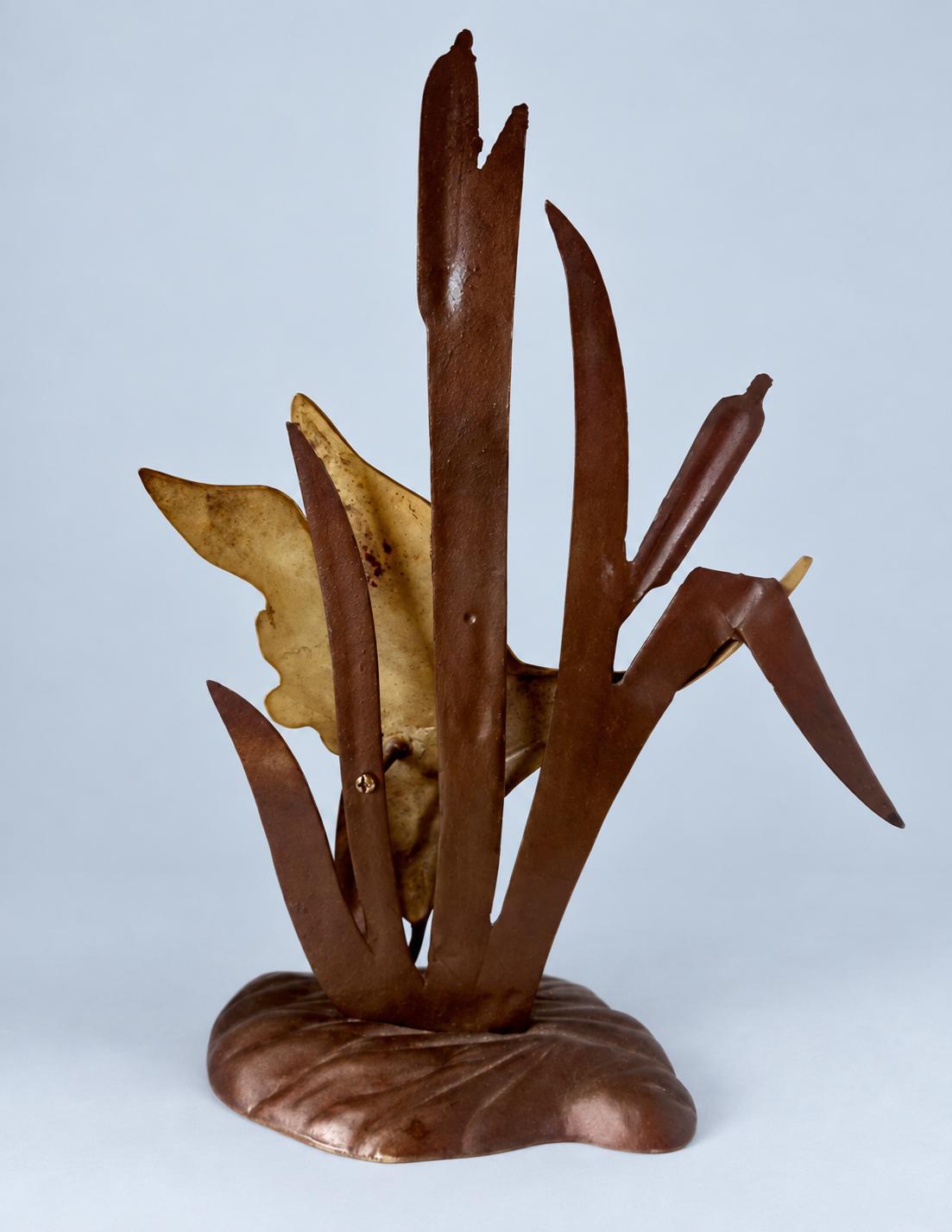 Vintage Two-Tone Brass-Tone Flying Duck Sculpture Among Cattails