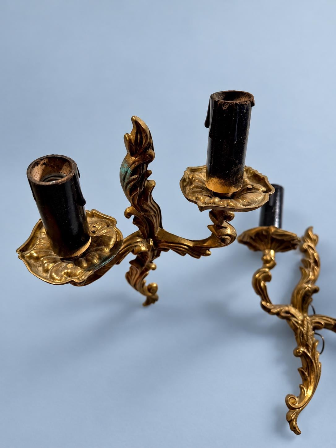 Pair of Vintage Louis XV Style Gilt Bronze Two-Arm Wall Sconces, Rococo Acanthus Scroll Lights with Black Candle Sleeves