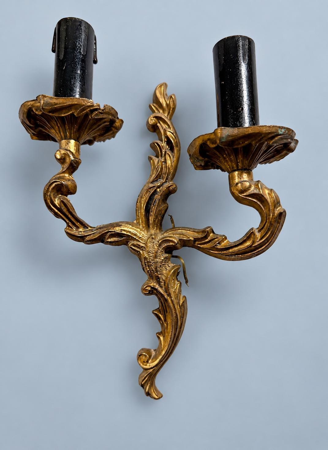 Pair of Vintage Louis XV Style Gilt Bronze Two-Arm Wall Sconces, Rococo Acanthus Scroll Lights with Black Candle Sleeves