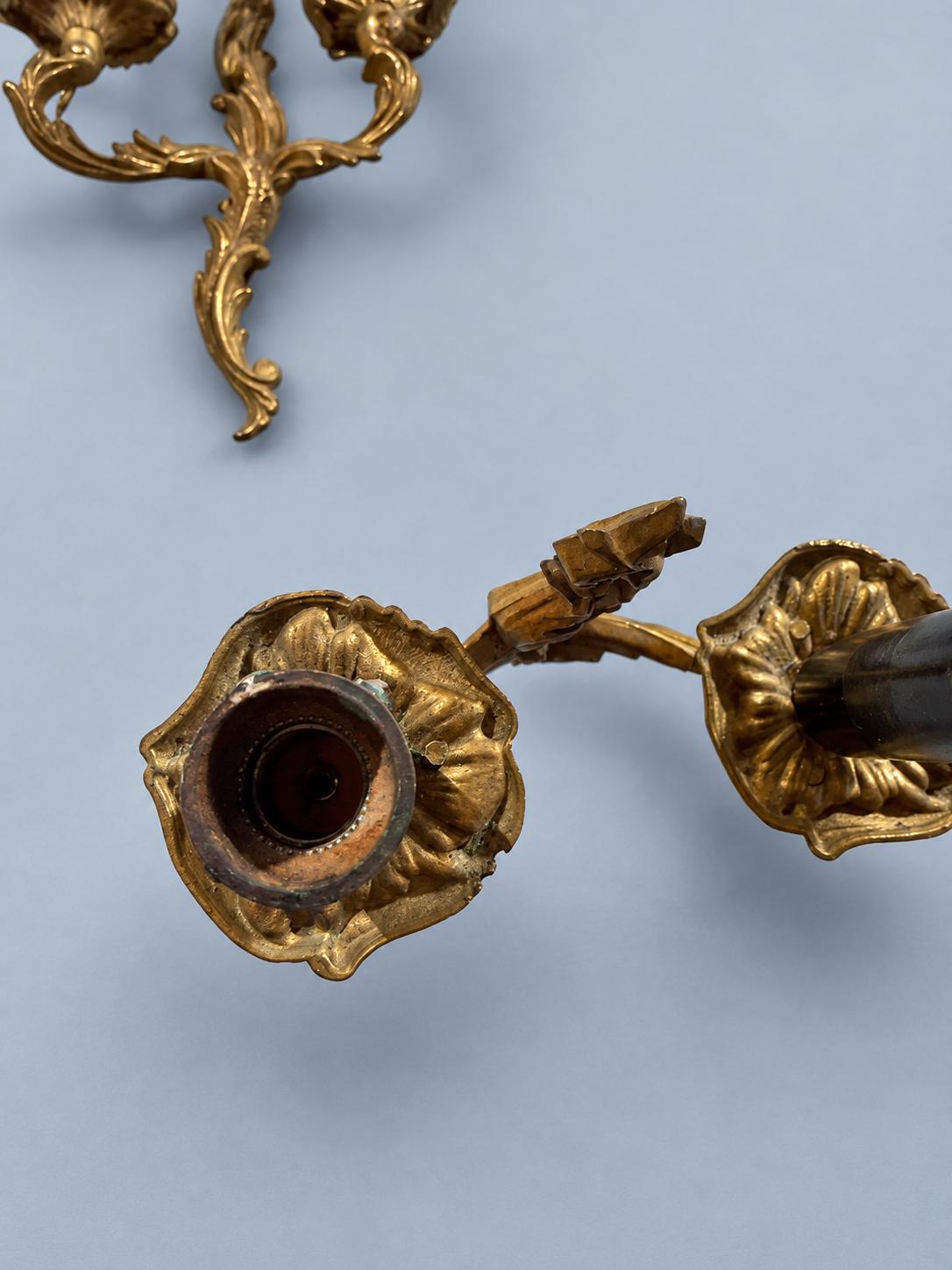 Pair of Vintage Louis XV Style Gilt Bronze Two-Arm Wall Sconces, Rococo Acanthus Scroll Lights with Black Candle Sleeves
