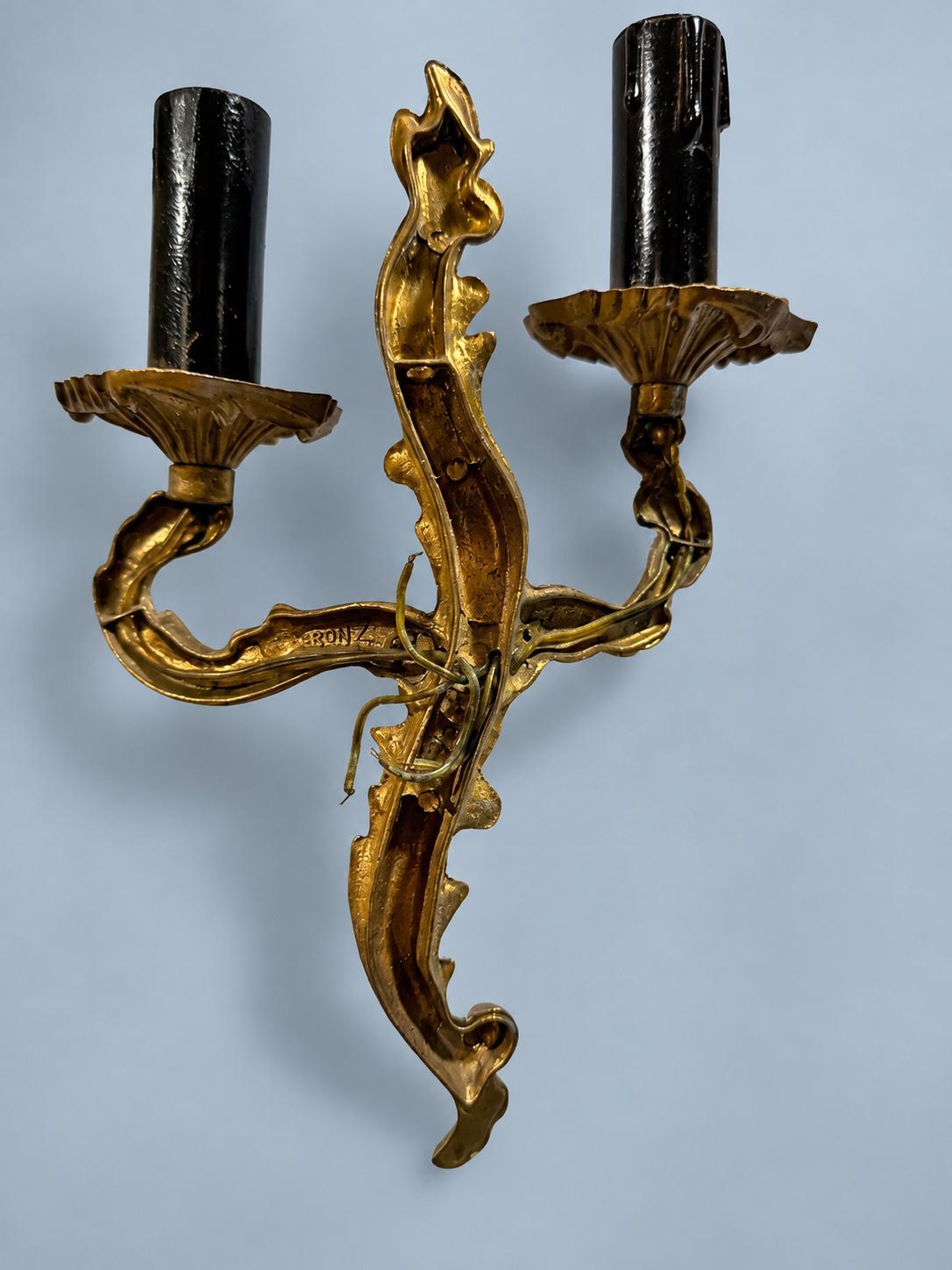 Pair of Vintage Louis XV Style Gilt Bronze Two-Arm Wall Sconces, Rococo Acanthus Scroll Lights with Black Candle Sleeves